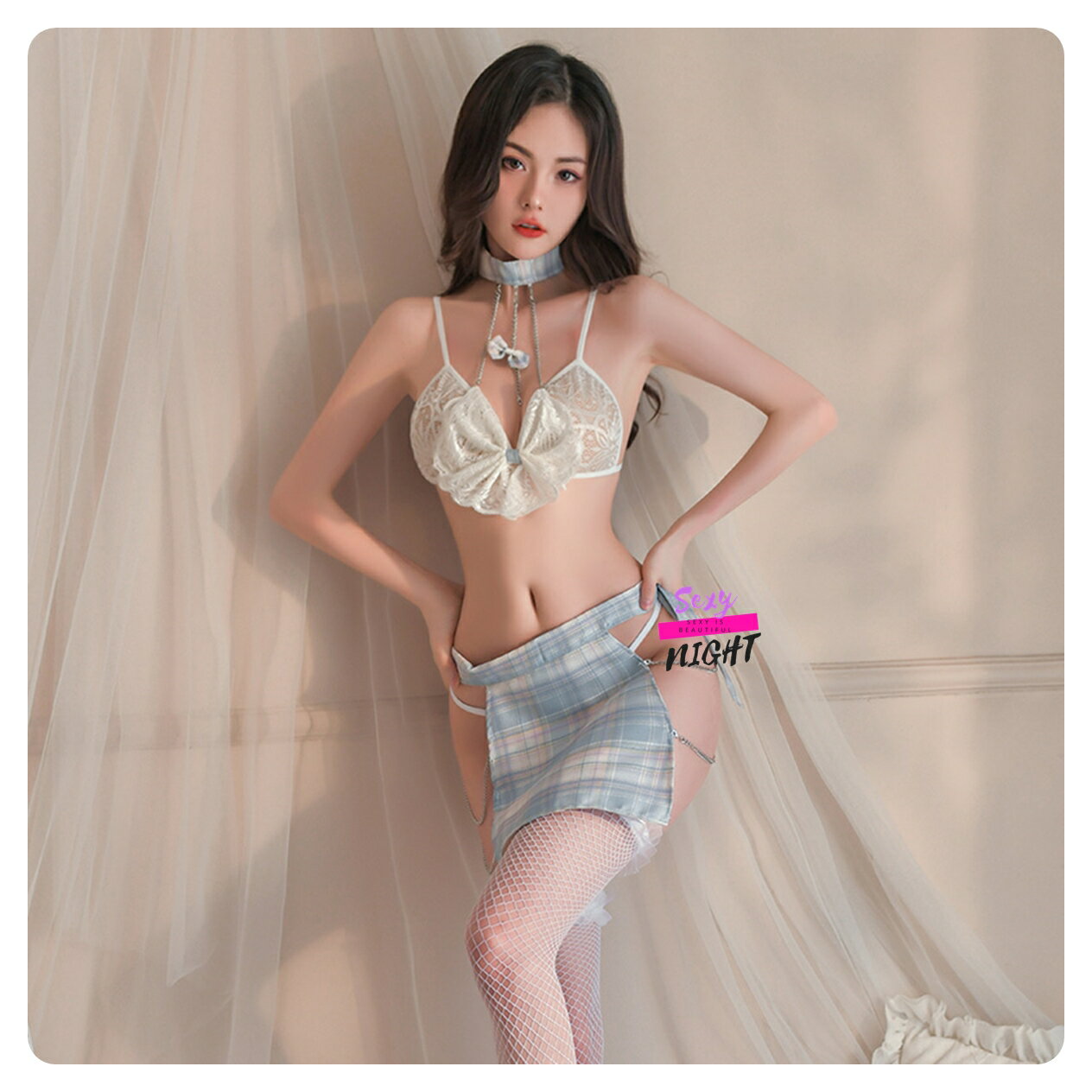 《H7067》甜妹蝴蝶結鏈條分體套裝