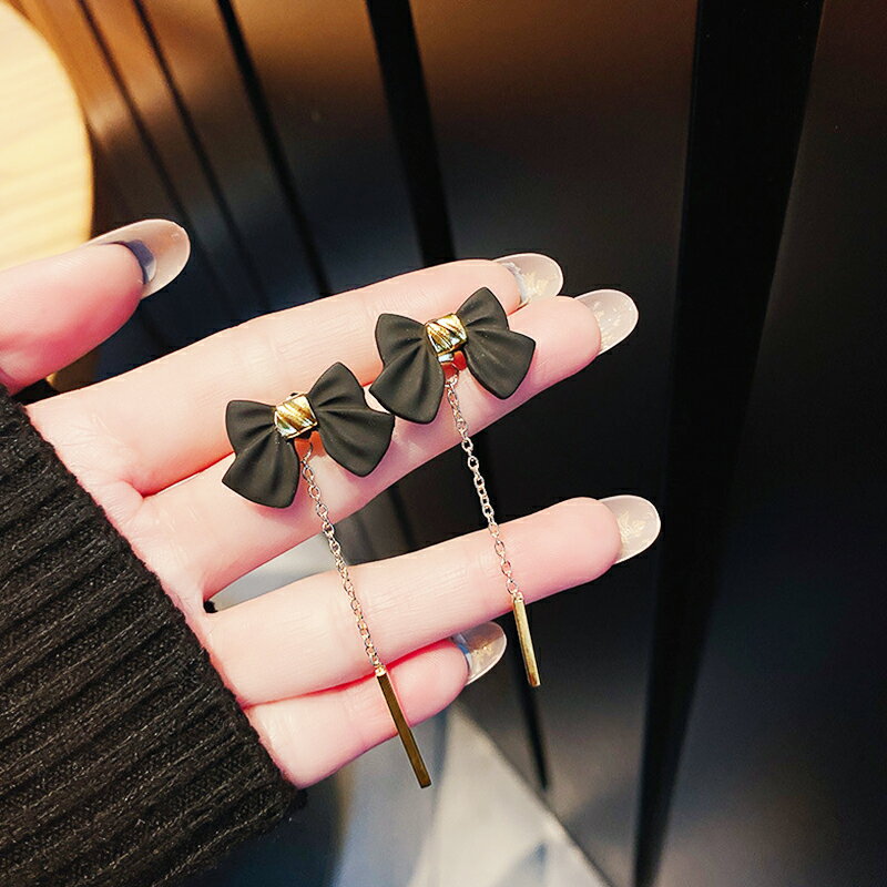 925銀針蝴蝶結鏈條流蘇耳墜簡約復古時尚耳環女韓國網紅氣質耳飾