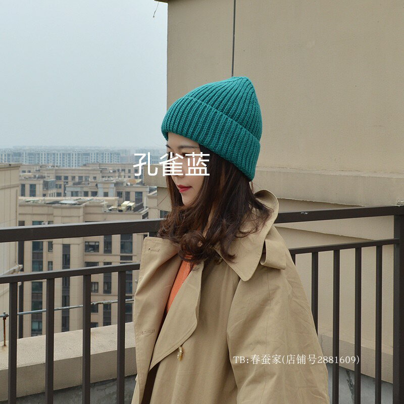 超時髦的孔雀藍色~韓國粗毛線帽子女秋冬季學生保暖休閑針織帽子1入