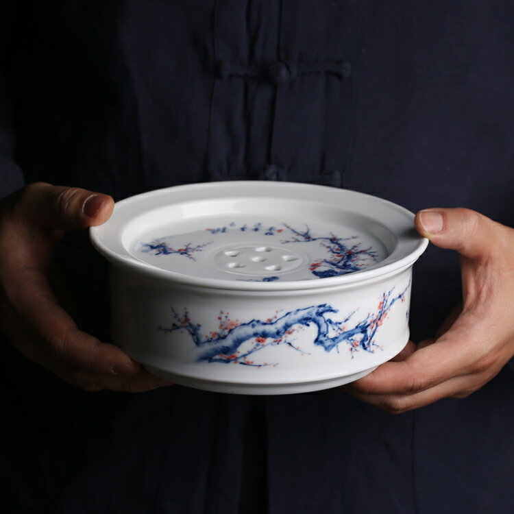 老師傅純手繪潮汕傳統工夫陶瓷茶盤高溫藍彩釉下彩繪存水圓形茶海