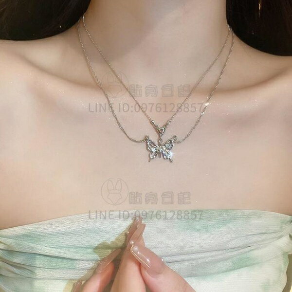 項鏈液態蝴蝶鑲鉆雙層項鏈輕奢女設計感鎖骨鏈配飾女【倪醬小鋪】