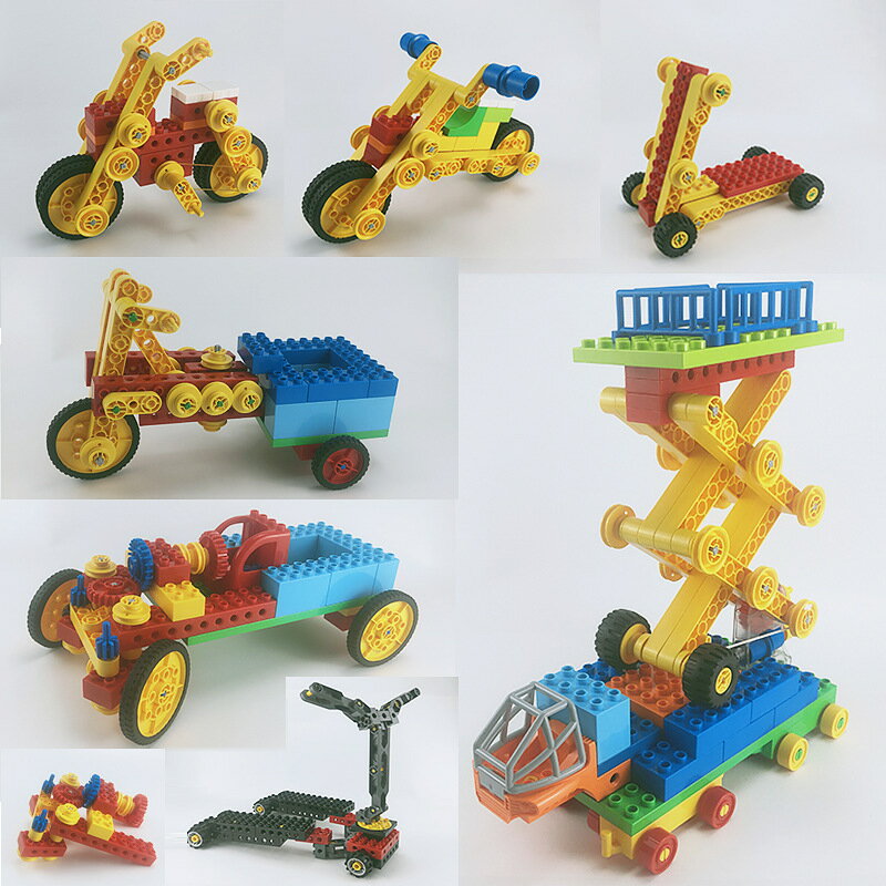 大顆粒積木相容齒輪工程玩具拼裝模型升降車滑輪車兒童玩具