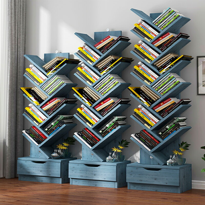 簡約現代書架置物架落地靠墻創意樹形簡易小型收納架家用客廳書柜