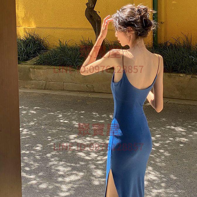 細肩帶吊帶長款連衣裙低胸露背開叉包臀辣妹純欲風長裙女百搭夏季新款【聚寶屋】