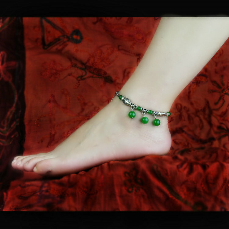 天然水晶 綠瑪瑙苗銀小魚響鈴腳鏈 女款復古中國風飾品手工原創
