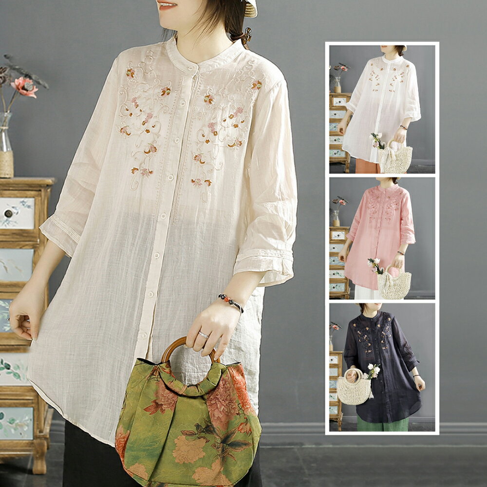 ＊ORead＊立領薄款七分袖棉麻刺繡襯衫(4色M~3XL)【限定加碼✿全館滿額再折】