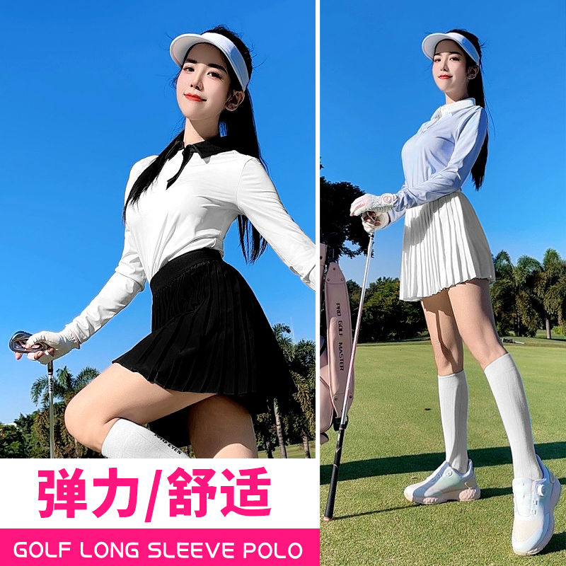 PGM 高爾夫女裝長袖polo衫彈力面料運動上衣時尚拼色設計新款服裝