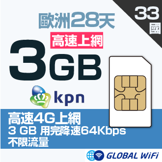 歐洲 KPN 33國 SIM卡 3GB 28日方案