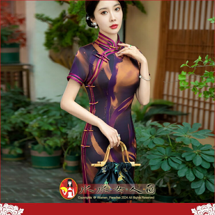 M-5XL加大 印花長旗袍 復古中國風經典改良式時尚修身超顯瘦短袖日常連身洋裝～古韻傾城～紫麗。水水女人國