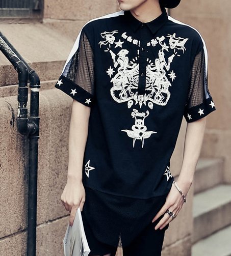 FINDSENSE H1夏季 新款 韓國 街頭 黯黑 原宿 網紗拼接 圖案印花 時尚 寬鬆 個性短袖 半袖T恤 潮男上衣