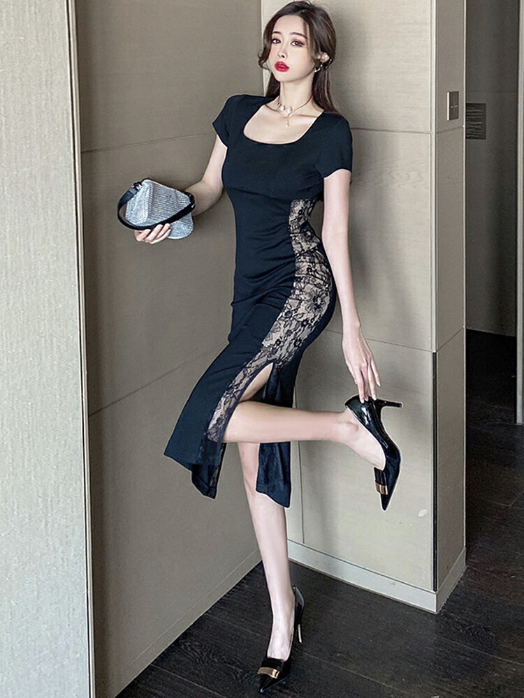 格格家 夏季名媛性感U領蕾絲拼接修身長裙短袖包臀開叉禮服連衣裙