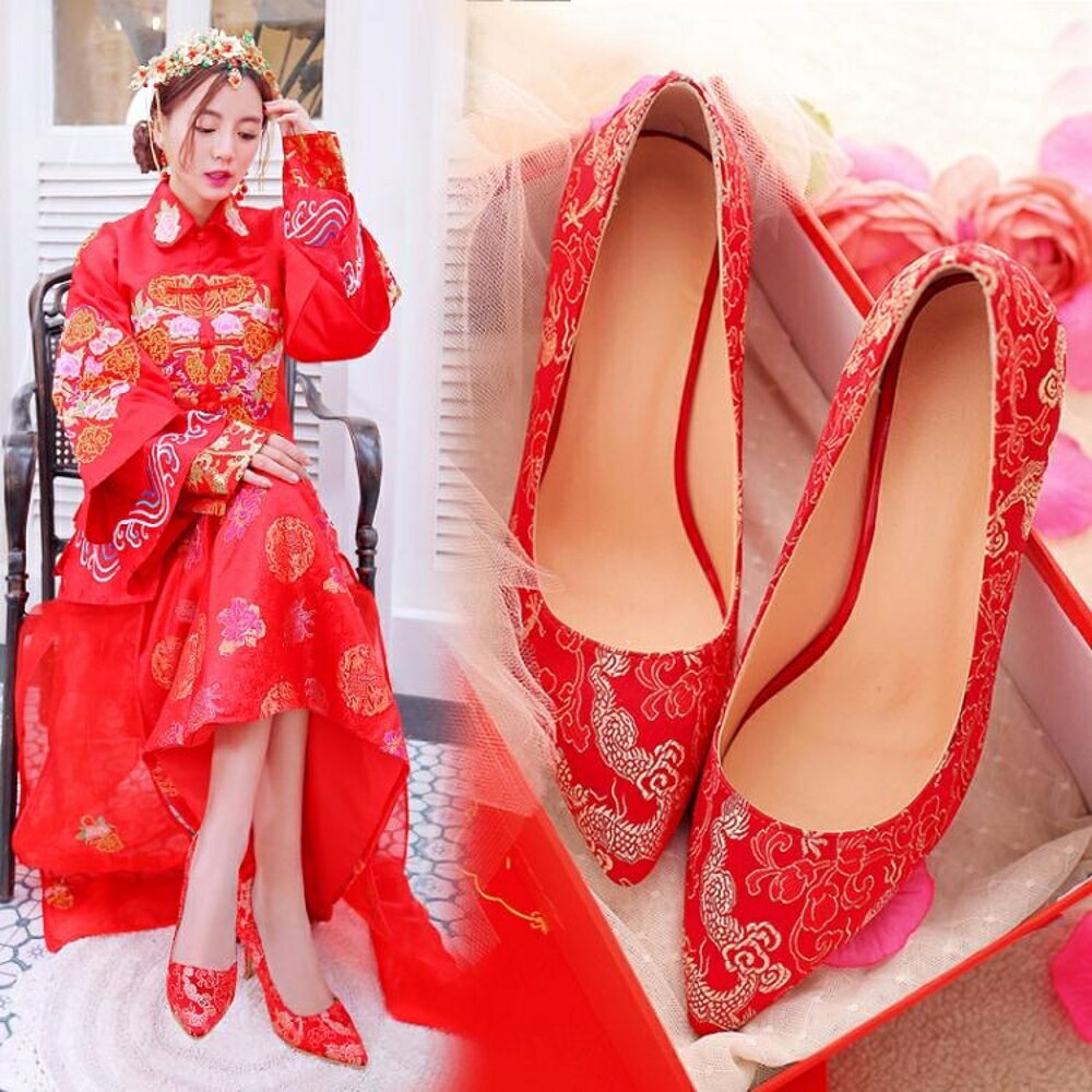 女紅色結婚鞋子2019新款春季中式新娘敬酒鞋高跟龍鳳褂紅秀禾服鞋歐歐流行館