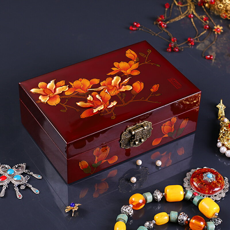 黑加紅復古木質妝奩仿古中國風首飾盒高檔三金收納伴手禮平遙漆器
