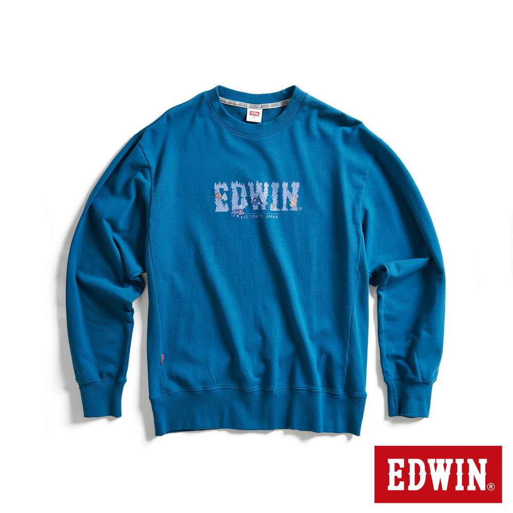 EDWIN 露營系列 森林LOGO寬版厚長袖T恤-男款 土耳其藍