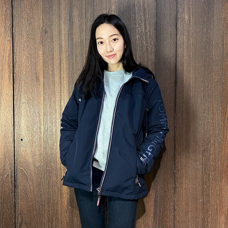 美國百分百【全新真品】Tommy Hilfiger 防風外套 連帽 女款 TH 保暖 logo 夾克 深藍 CE50 1
