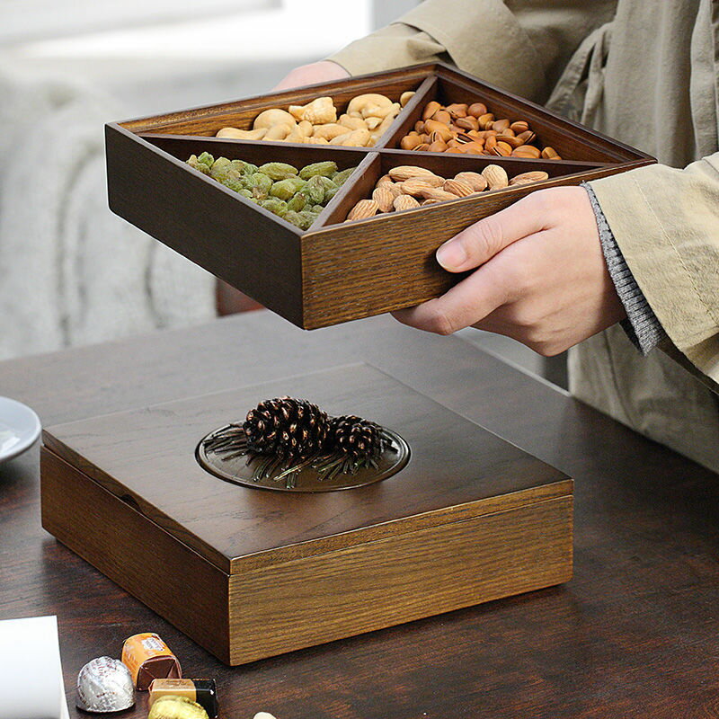 糖果盒 果盤 零食盒 歐式干果盤 糖果盒 分格帶蓋客廳創意水果盤 茶幾瓜子零食盒 實木