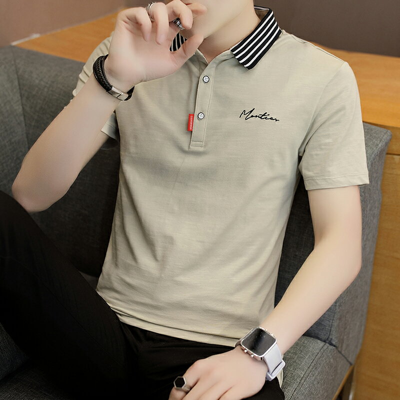 夏季短袖T恤男士韓版襯衫領POLO衫有帶領潮流冰絲翻領潮牌上衣服