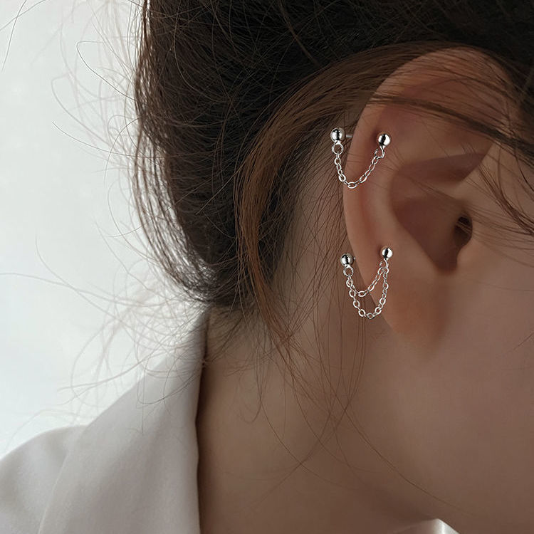 鏈條獨特耳環個性耳釘女小眾設計感耳骨釘耳飾高級螺絲擰扣免摘