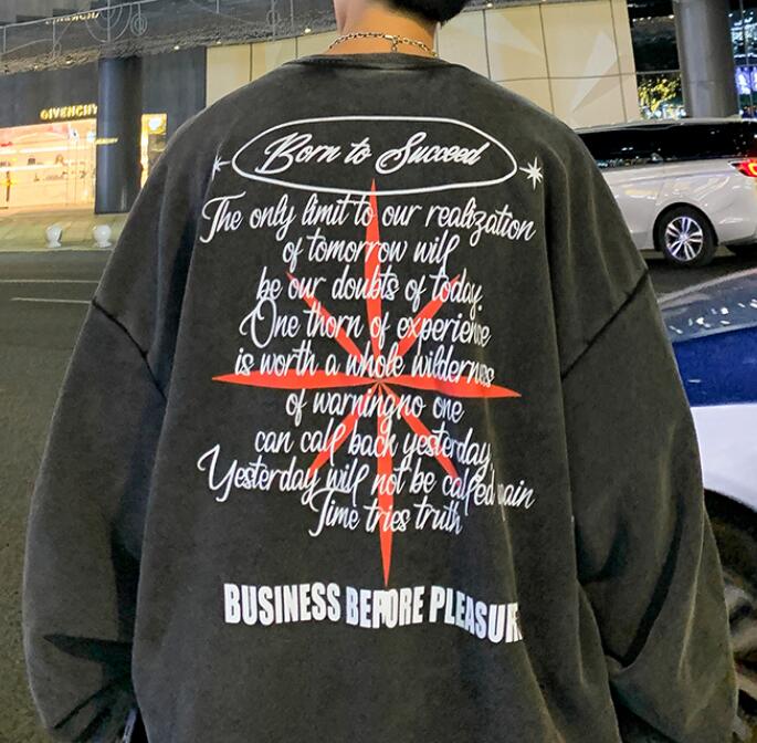 FINDSENSE X 2022 街頭時尚 男士 美式嘻哈 復古洗水做舊 寬鬆 十字字母圖案 長袖T恤 上衣 外套