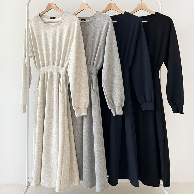 ANNAS 正韓縮腰口袋刷毛洋裝 腰身 縮腰 打折 長袖 長裙 長洋裝 連身裙 顯瘦 加厚棉 素面 保暖 加絨刷絨 韓國 4