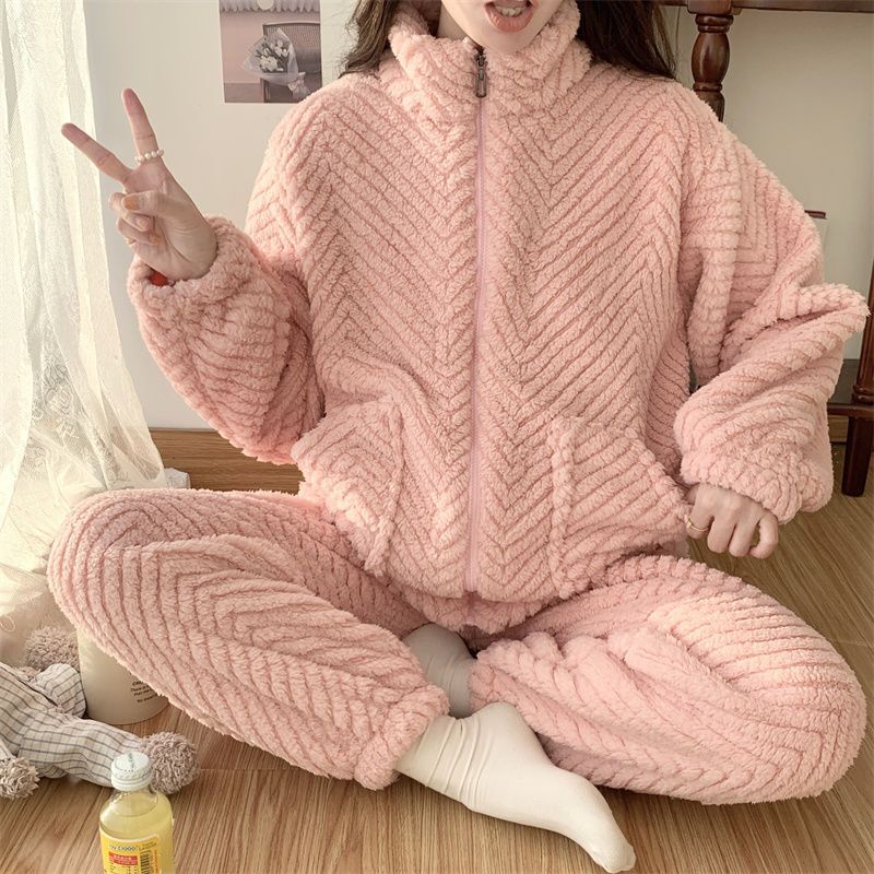 可愛睡衣女 冬季珊瑚絨睡衣 加厚加絨睡衣 純色休閑家居服 法蘭絨秋冬家居服套裝