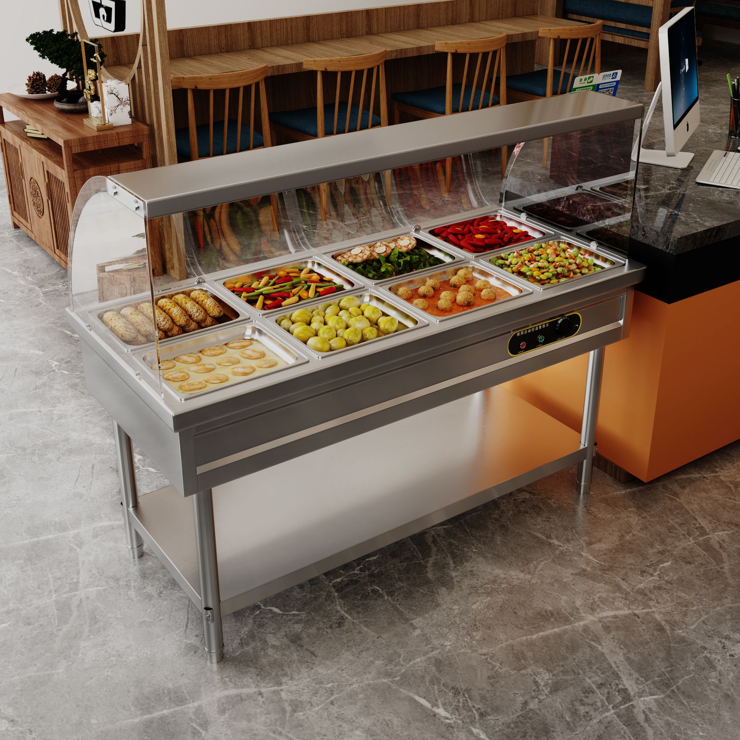 【最低價】【公司貨】快餐保溫臺商用玻璃罩加熱餐廳快餐車打菜湯池恒溫節能保溫售飯臺 5