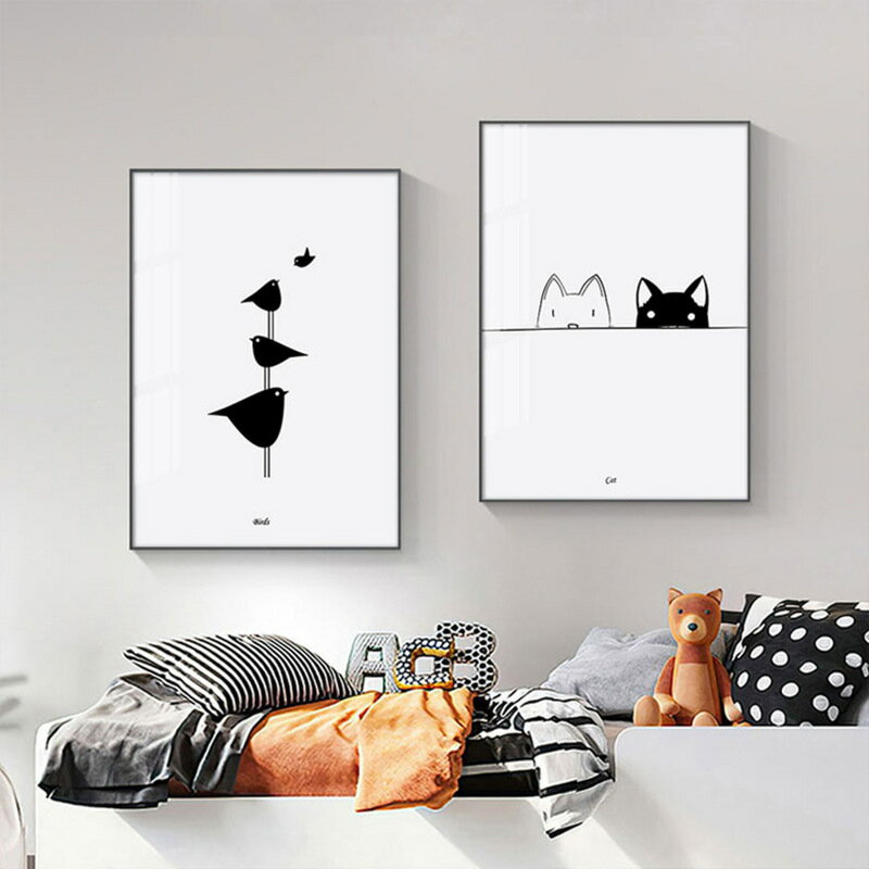 現代簡約客廳裝飾畫沙發背景墻貓咪黑白簡約餐廳壁畫北歐臥室掛畫