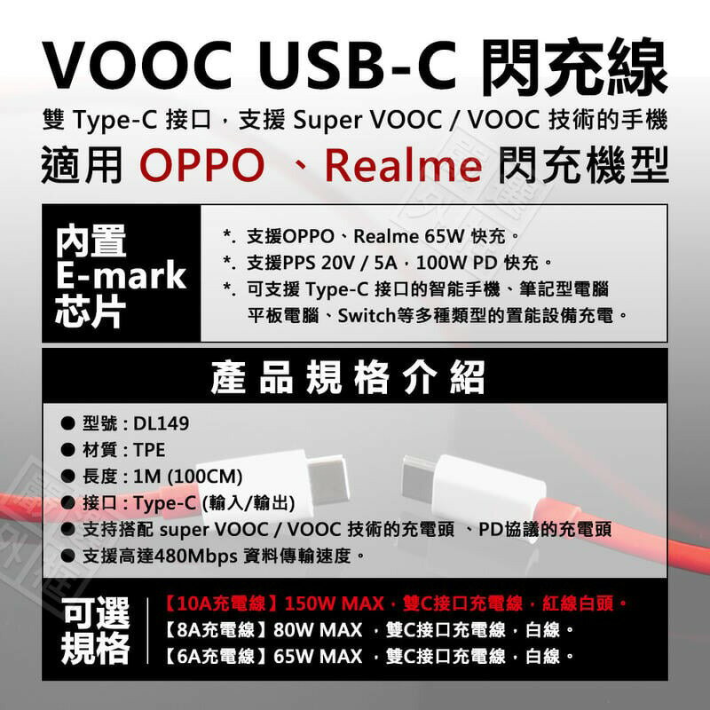 【嚴選外框】 OPPO Realme VOOC 閃充線 DL149 10A 150W Type-C PD 一加 充電線 3