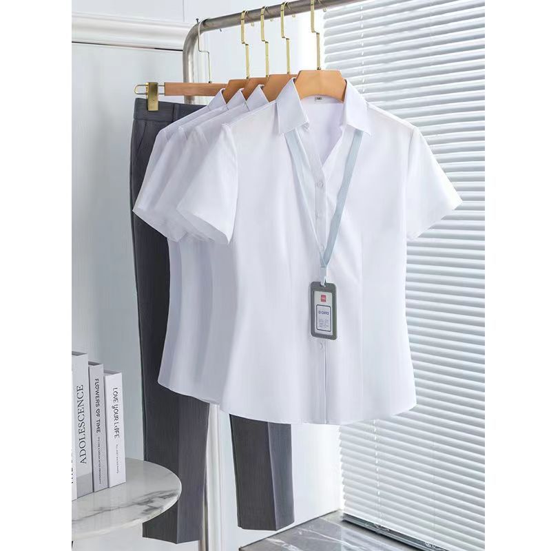 大尺碼襯衫女 白襯衫女V領短袖夏季新款速干高檔雪紡修身顯瘦職業正裝OL工作服 1