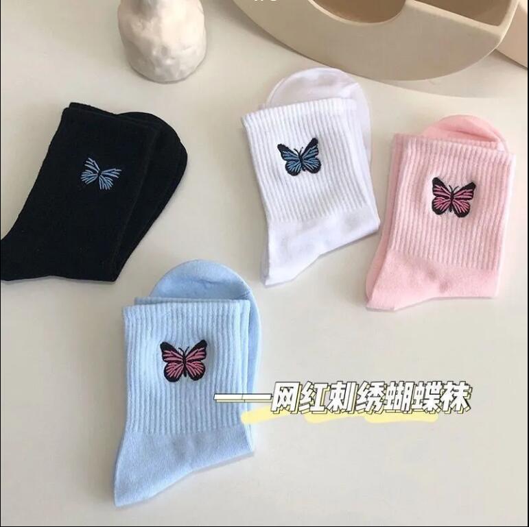 純棉襪子女ins潮百搭韓版中筒襪春秋日系可愛女學生刺繡蝴蝶襪子【繁星小鎮】P
