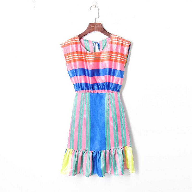 夏季新款時尚拼色條紋荷葉邊裙圓領無袖高腰修身顯瘦連衣裙