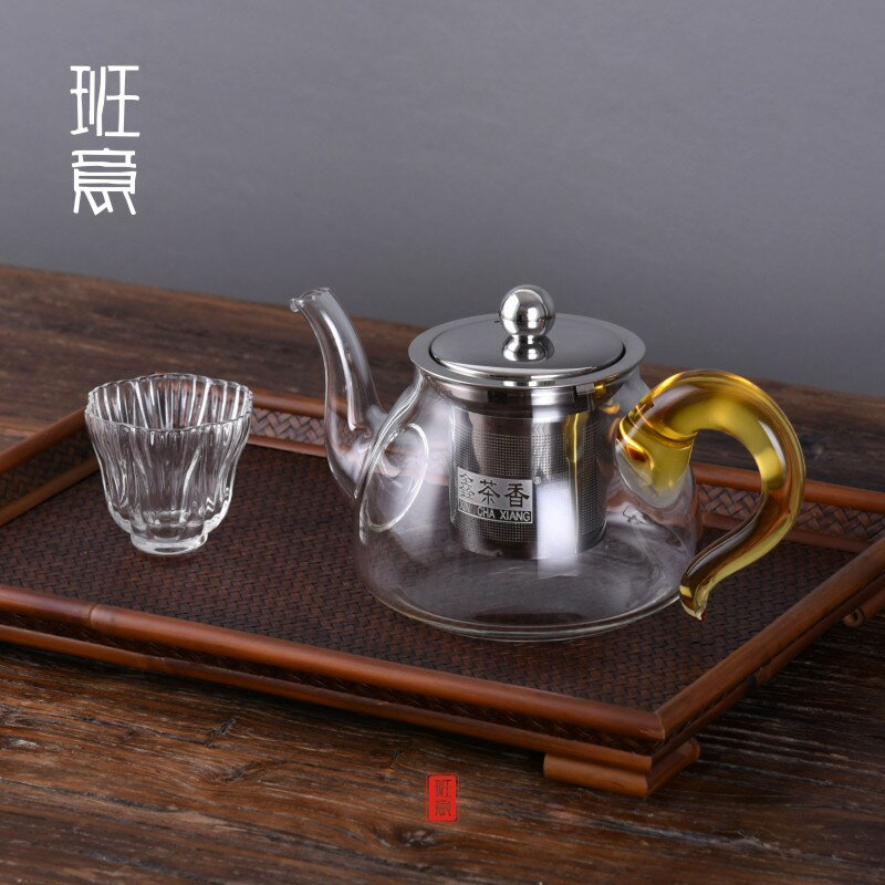 加厚玻璃茶壺耐高溫泡茶壺不銹鋼過濾茶具玻璃加厚耐熱水壺花茶壺1入