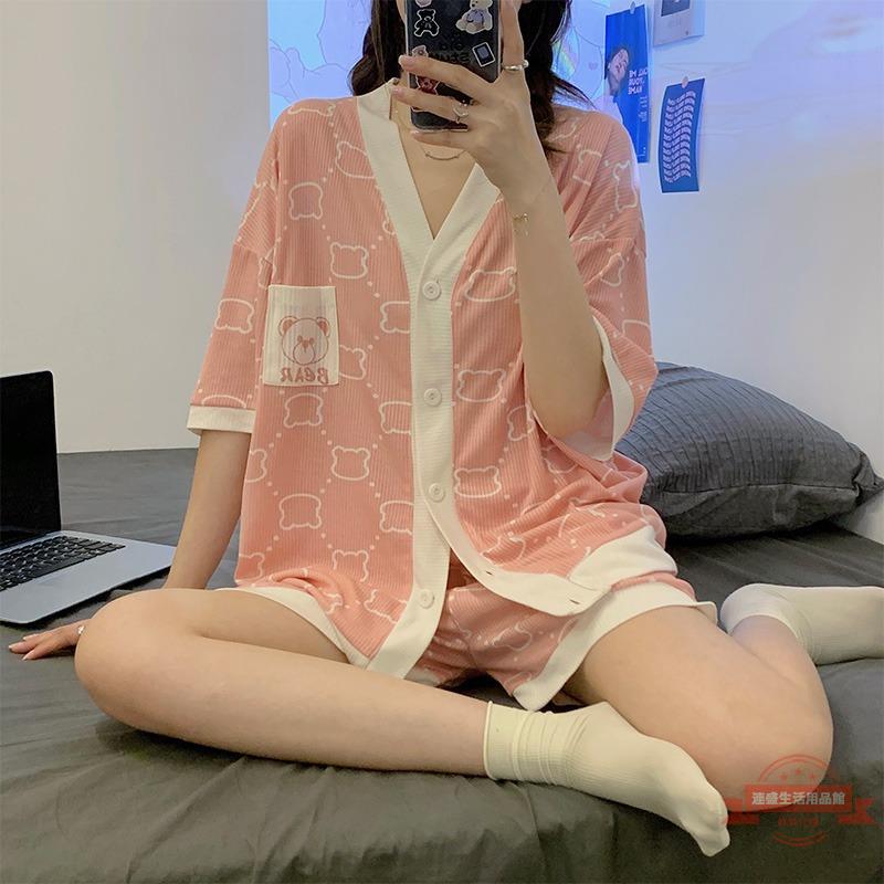 睡衣女夏季短袖短褲韓版簡約休閑高階感可愛卡通棉質家居服兩件套