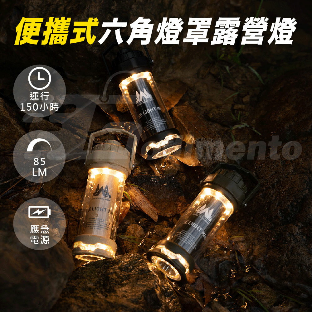 Godimento 六角燈罩戶外螢火露營燈 便攜式充電照明燈 戶外帳篷氛圍燈 夜間登山燈