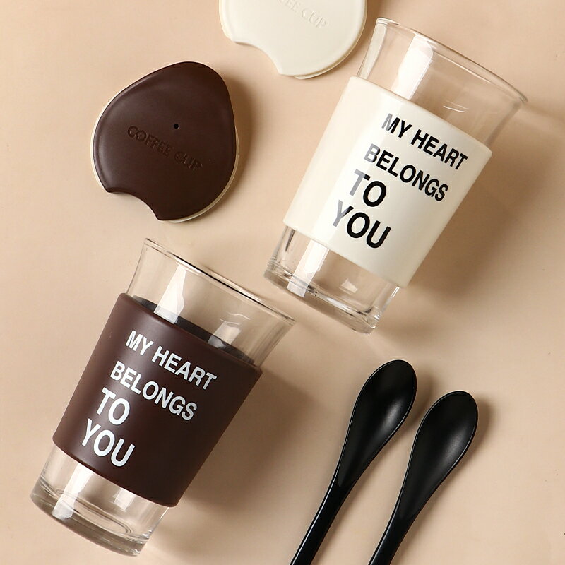 墨色ins風簡約隨手杯家用喝水杯子辦公室女咖啡杯帶勺耐熱玻璃杯