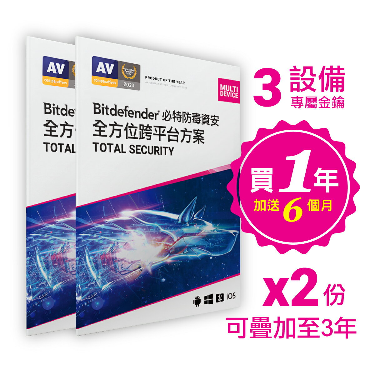 【Bitdefender必特】兩入組共三年訂閱Total Security 全方位跨平臺3裝置(Windows Mac iOS安卓手機防毒) 序號版