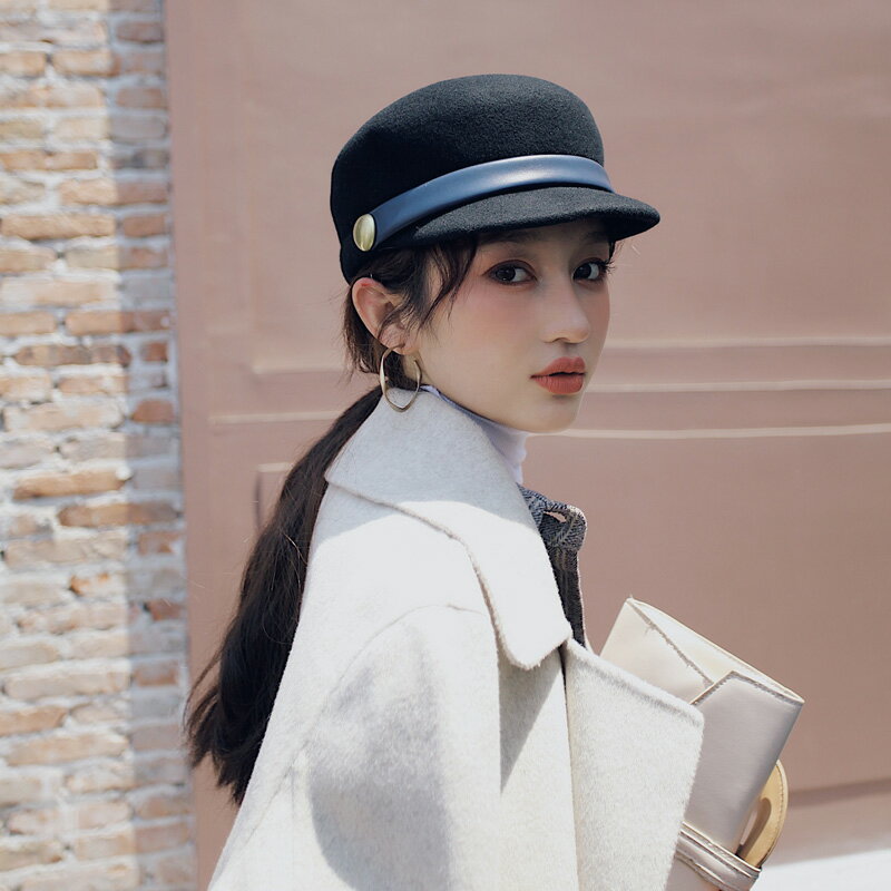 歐美秋天呢子帽子純羊毛圓頂短簷鴨舌帽女秋季韓版百搭時尚潮時尚1入