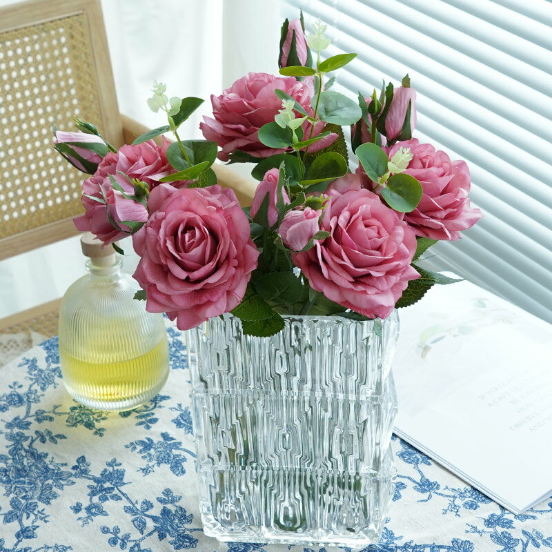 人造花仿真花 手感保濕玫瑰仿真花客廳餐桌輕奢高檔插花假花干花裝飾擺件永生花