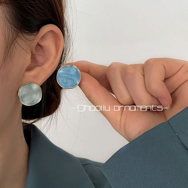 S925銀針高級感撞色耳釘女不對稱方塊幾何珍珠耳環法式藍色耳飾品