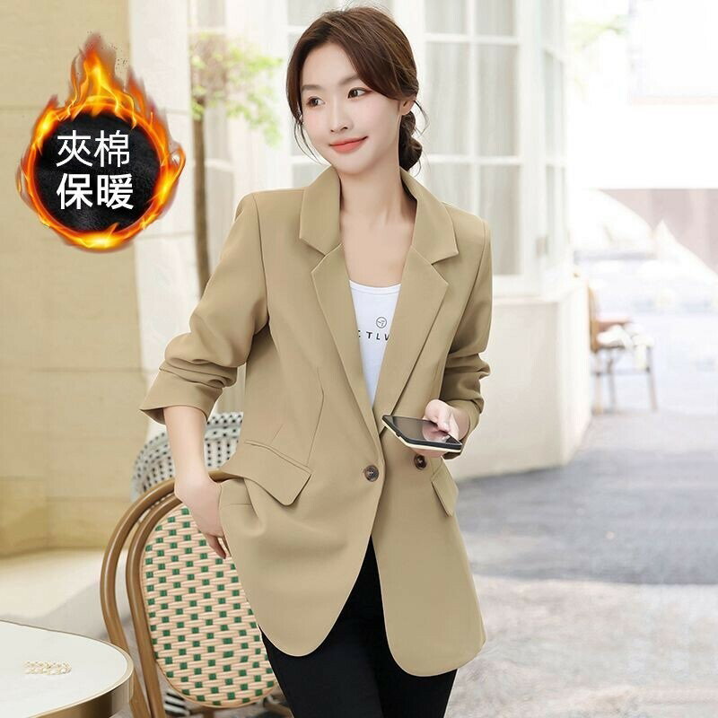韓版加厚西裝外套 女 秋冬西裝 西裝外套女 有內裡有口袋小個子高感加棉版西裝上衣 女 黑色西裝外套 加棉 女西裝外套