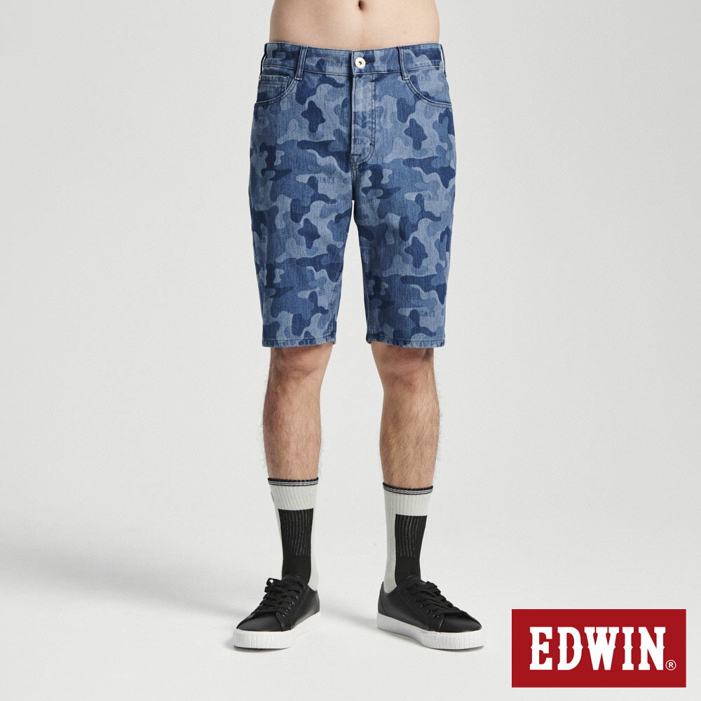 EDWIN 冰河玉斜紋 迦績JERSEYS 迷彩丹寧短褲-男款 拔洗藍 #滿額折抵
