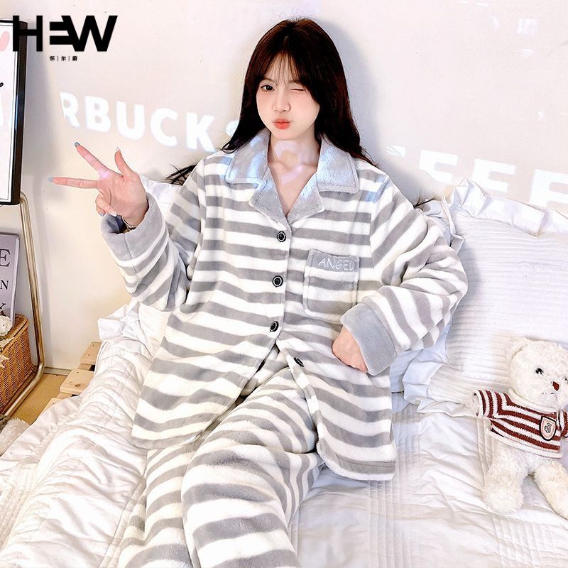 秋冬季可愛少女加絨加厚睡衣套裝冬天保暖珊瑚絨女士法蘭絨家居服