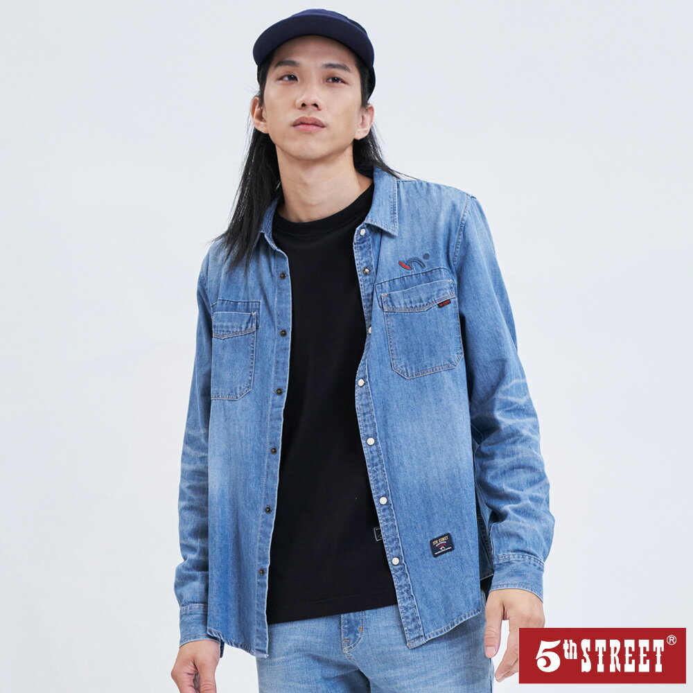 男牛仔長袖襯衫-石洗藍【5th STREET】