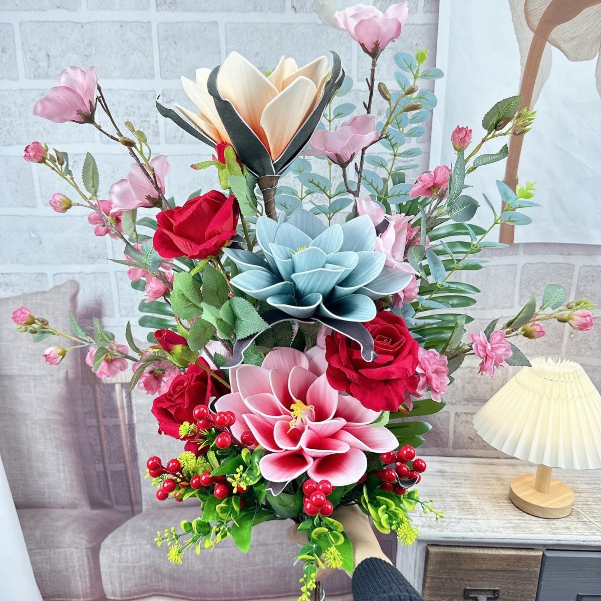免運/快速出貨 仿真花擺件 假花 模擬盆栽 裝飾花藤 新款客廳高檔落地擺放仿真花假花玉蘭花裝飾新房擺件套裝酒店插花 可開發票