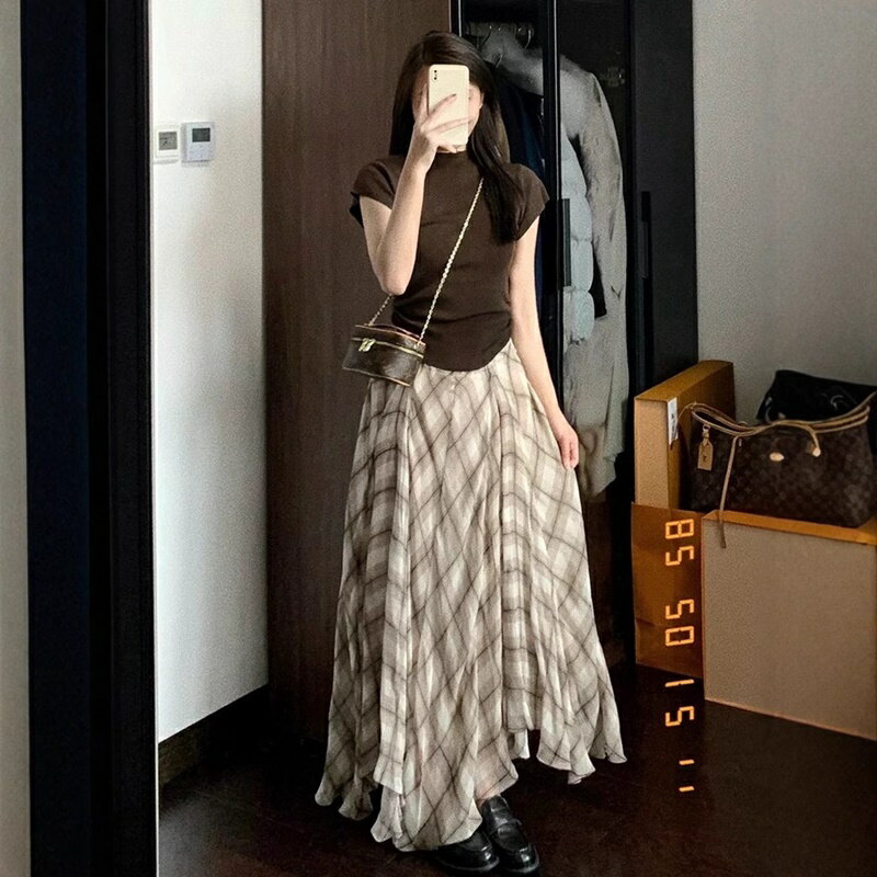 現貨+預購 休閒套裝短袖裙裝-抽T恤格紋長裙女裝74km69【獨家進口】【米蘭精品】