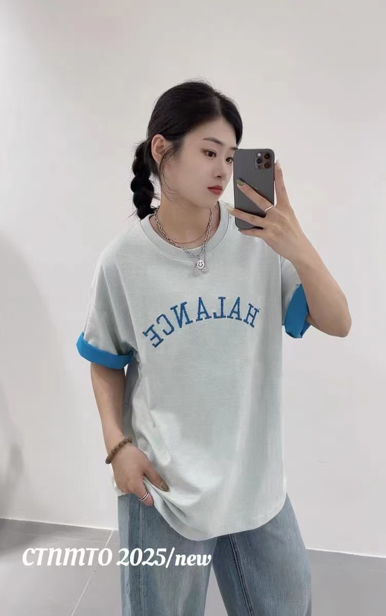 雙色雙質料刺繡英文配色棉T-3色  【B393176】