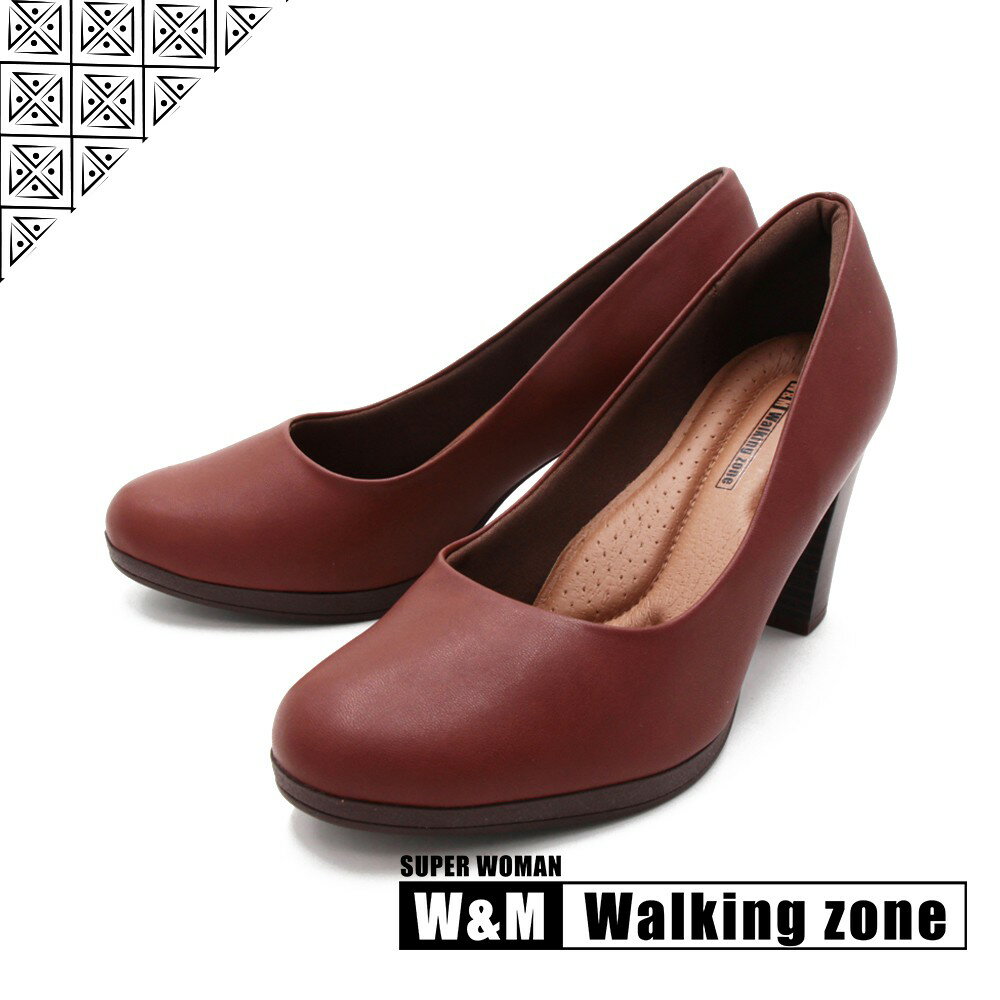 WALKING ZONE SUPER WOMAN系列 圓頭素面高跟鞋 女鞋-咖(另有白.黑、卡其)
