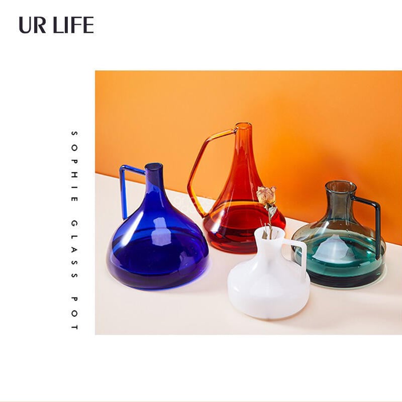 新品~urlife簡約琥珀寶藍玻璃壺水壺花瓶花器ins咖啡店民宿樣板房擺件