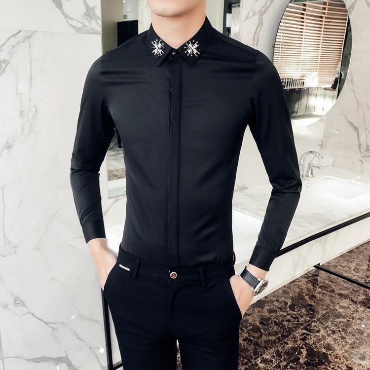 FINDSENSE G6 韓國時尚 春季新款男士長袖襯衫 手工裝飾領素面襯衫