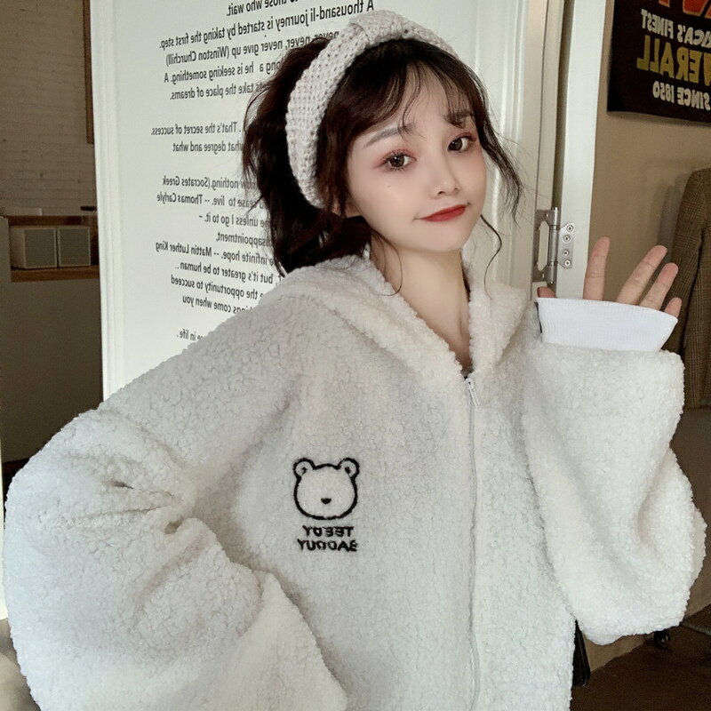 針織開衫羊羔毛小熊外套女 秋冬INS加絨加厚寬松BF慵懶風開衫衛衣【淘夢屋】